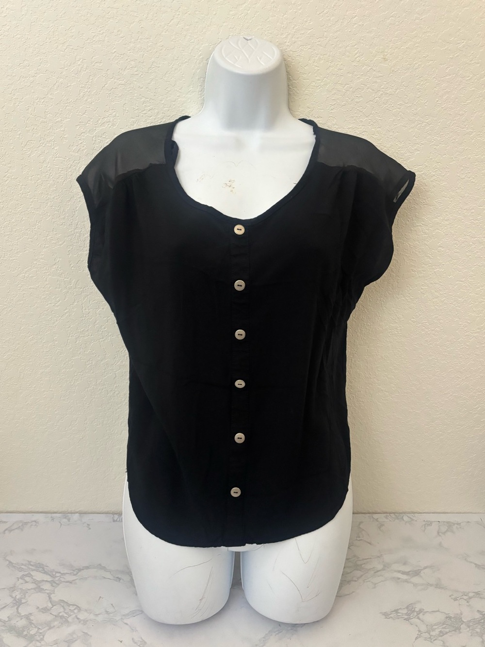 Fashion Magazine Button-Down Top Womens S Black Semi Sheer Sleeveless Blouse
